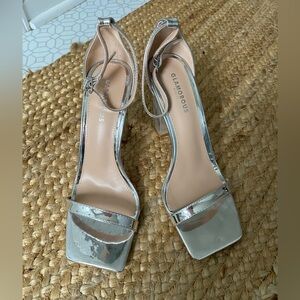 Glamorous Silver Block Heel Ankle Strap High Heels. Size 9W
